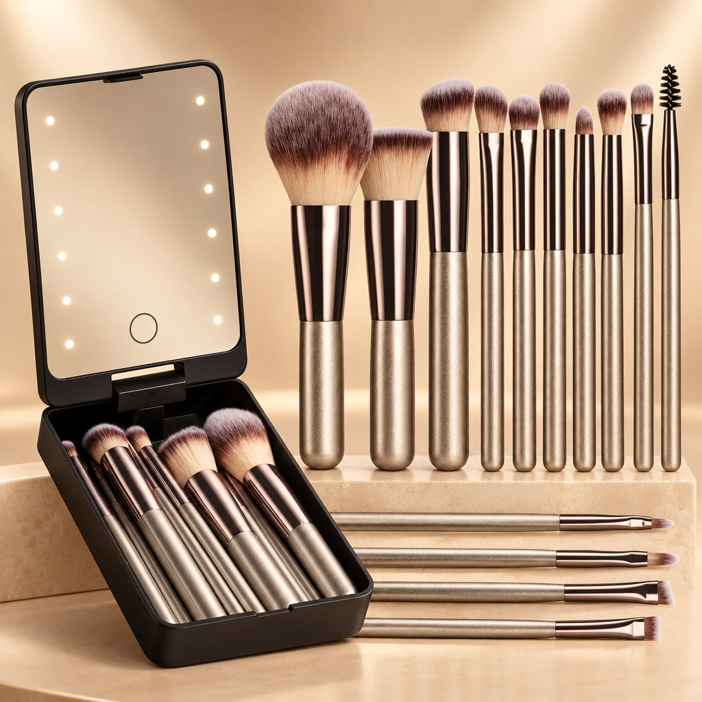 14-Piece Makeup Brush Set with Illuminated Mirror, Portable Short Handle,Led Light,Usb Rechargeable Makeup Brushes Kit