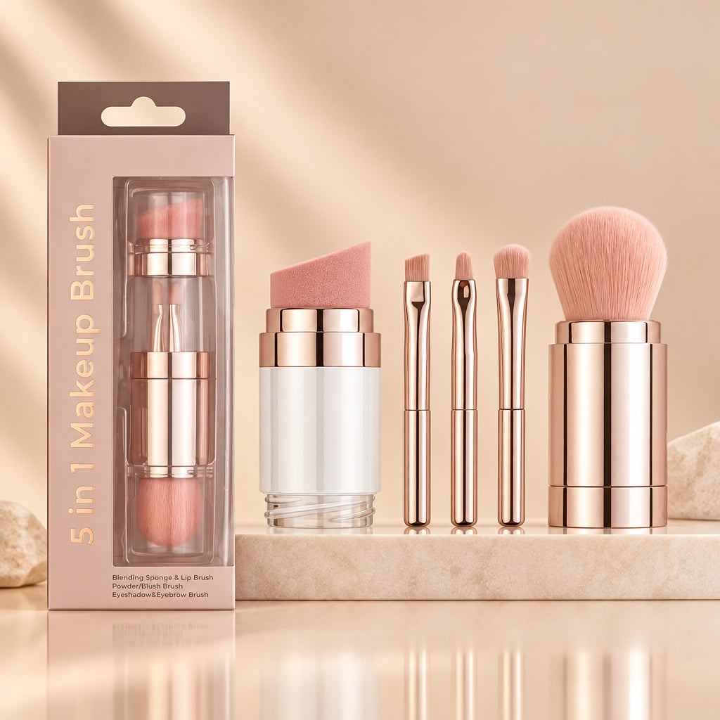 5 in 1 Portable Retractable Makeup Brushes for Foundation Eyebrow Lip Eyeshadow Loose Powder Cosmetic Set Makeup Brush Tools
