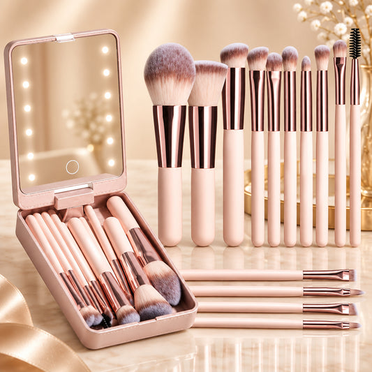 14-Piece Makeup Brush Set with Illuminated Mirror, Portable Short Handle,Led Light,Usb Rechargeable Makeup Brushes Kit