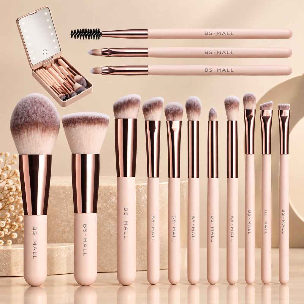 14-Piece Makeup Brush Set with Illuminated Mirror, Portable Short Handle,Led Light,Usb Rechargeable Makeup Brushes Kit